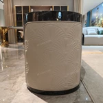 Luxury TV Stand with Dark Natural Wood Veneer Marble Top Embossed Side Panels and Stainless Steel Handles